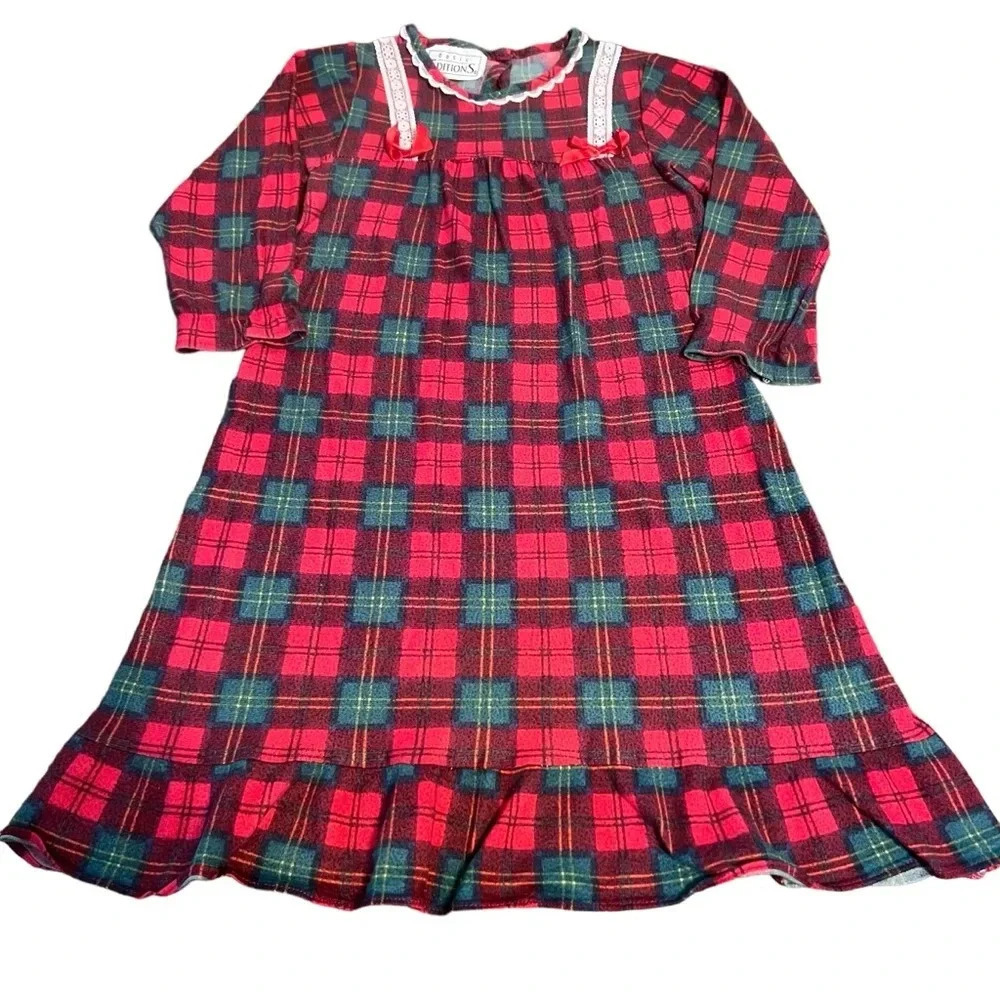 Vintage Basic‎ Editions Christmas Plaid Ruffle Bow Pajama Nightgown Size 4